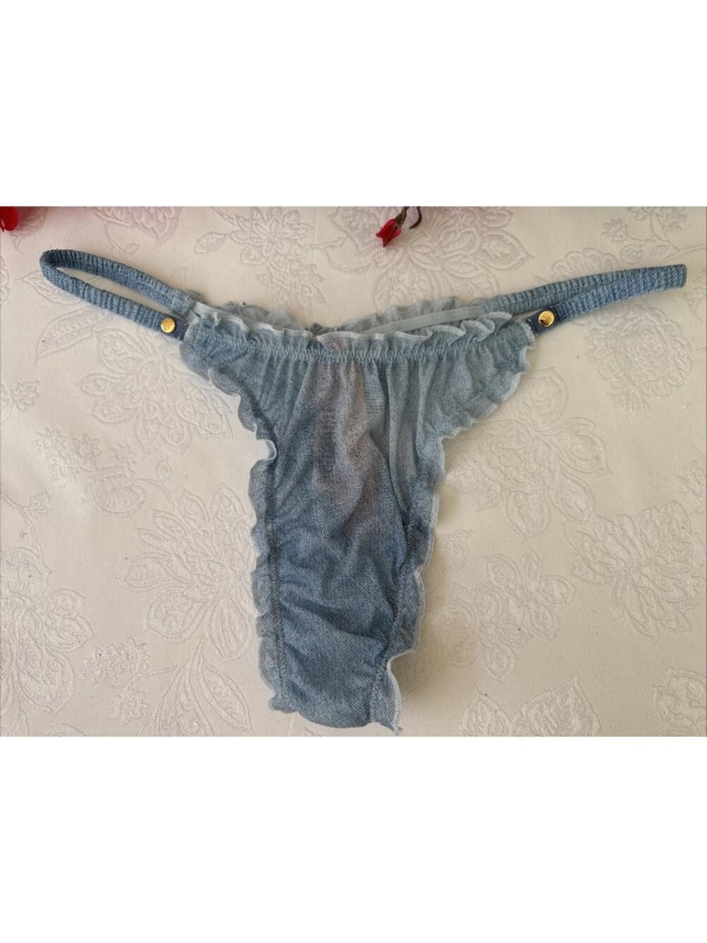 VICTORIA'S SECRET M BLUE PUCKERED RUFFLE VERY SEXY HI LEG THONG TANGA PANTIES